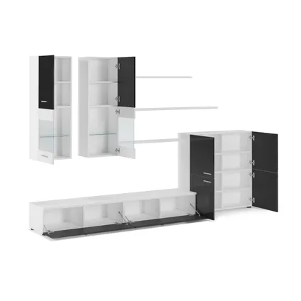 Skraut Home - Mural TV Furniture, 300x189x42 cm, LED-verlichtingssysteem, Black Shine, Matt White 5
