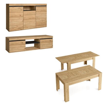 Skraut Home - Furniture Set, Buffet -Mueble TV 140cm - Uitbreidbare tabel, Eik en zwart