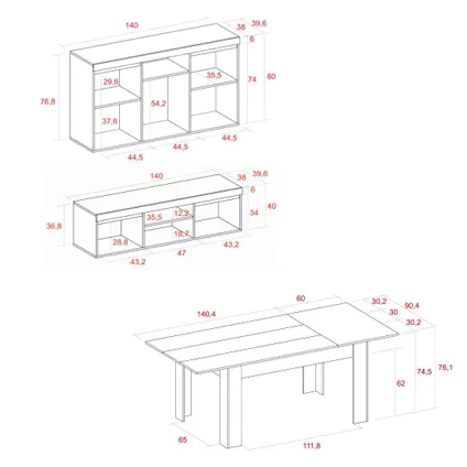 Skraut Home - Furniture Set, Buffet -Mueble TV 140cm - Uitbreidbare tabel, Eik en zwart 2