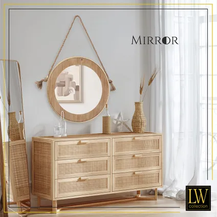 Collection LW Miroir mural avec corde marron rond 50x50 cm bois et métal doré 5