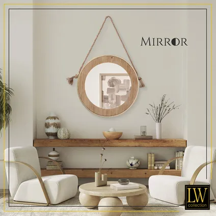 LW Collection Wandspiegel met touw bruin rond 50x50 cm hout en goud metaal 7