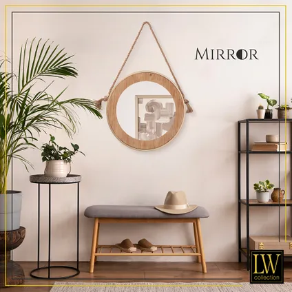 LW Collection Wandspiegel met touw bruin rond 50x50 cm hout en goud metaal 8