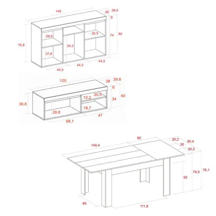 Skraut Home - Furniture Set, Buffet -Mueble TV 120cm - Uitbreidbare tabel, Eik en zwart 2