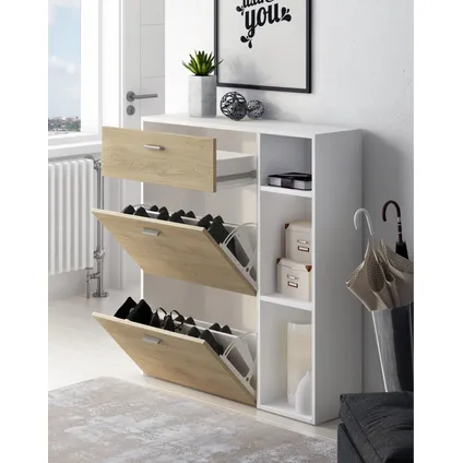 Skraut Home - Zapatero Furniture, Windmodel, 90x26x101.5cm, Wit en eiken, Moderne stijl 4