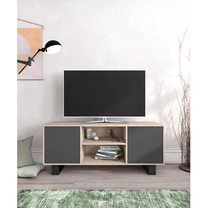 Meuble TV, Skraut Home, modèle WIND,137x40x57cm, couleur Chêne-Gris Anthracite. 2
