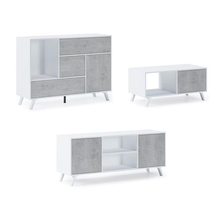 Ensemble de meubles, Skraut Home, modèle Wind, buffet-meuble tv-Table basse, Blanc-Ciment