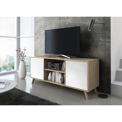 Meuble TV, Skraut Home, modèle WIND,137x40x57cm, couleur Chêne, portes Blanche 2