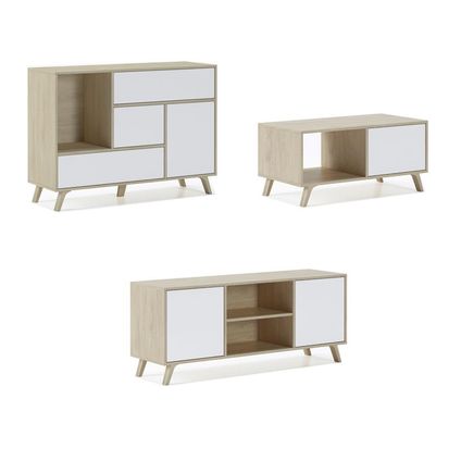 Ensemble de meubles, Skraut Home, modèleWind, buffet-meuble tv-Table basse, Chêne-blanc
