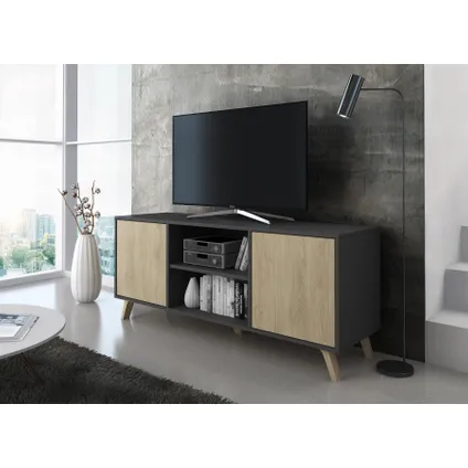 Skraut Home - Televisiemeubels, Windmodel, 137x40x57cm, Grijs en eiken, Moderne stijl 2
