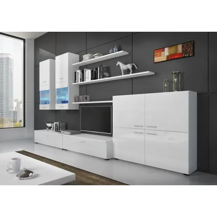 Skraut Home - Mural TV Furniture, 300x189x42cm, LED-verlichtingssysteem, White Shine, Matte White 2