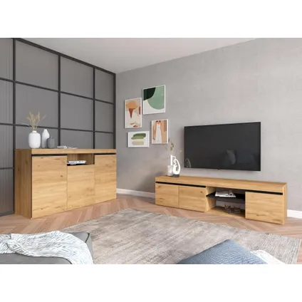 Skraut Home - Set Naturale woonkamer eetkamer, bijzetmeubelen, buffet-TV-meubel 160cm zwart eik 2