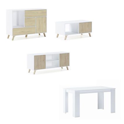 Ensemble de meubles, Skraut Home, modèle Wind, Buffet-Meuble TV-Table basse-Table Blanc-Chêne