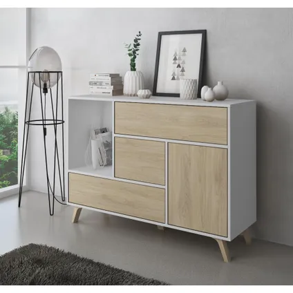 Ensemble de meubles, Skraut Home, modèle Wind, Buffet-Meuble TV-Table basse-Table Blanc-Chêne 3