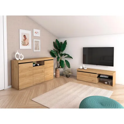 Skraut Home - Set Naturale woonkamer eetkamer, bijzetmeubelen, buffet-TV-meubel 120cm zwart eik 2