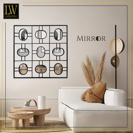 LW Collection Wandspiegel zwart vierkant 80x80 cm metaal 6