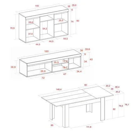 Skraut Home - Furniture Set, Buffet -Mueble TV 160cm - Uitbreidbare tabel, Eik en zwart 2