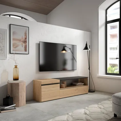 Skraut Home - Meuble TV, Banc Télé, 150x45x35cm, Pour les TV jusqu'à 65", Chêne et noir 2