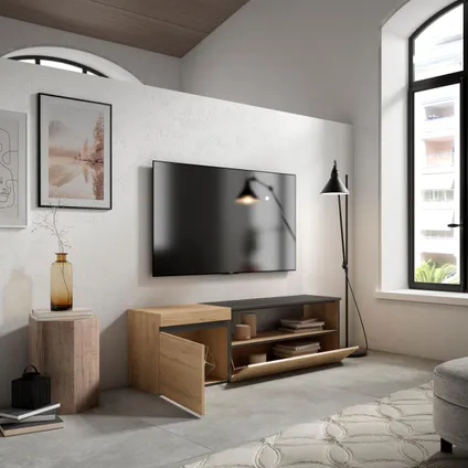 Skraut Home - Meuble TV, Banc Télé, 150x45x35cm, Pour les TV jusqu'à 65", Chêne et noir 4
