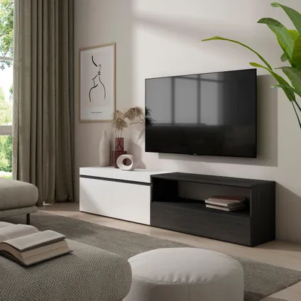 Skraut Home - Meuble TV, Banc Télé, 200x45x35cm, Pour les TV jusqu'à 80", Blanc et noir 2