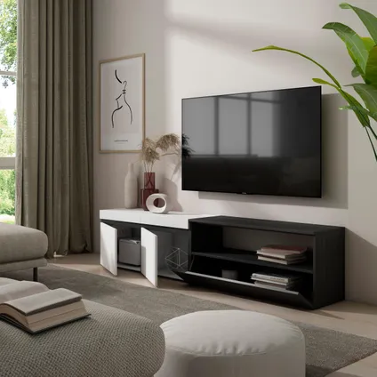 Skraut Home - Meuble TV, Banc Télé, 200x45x35cm, Pour les TV jusqu'à 80", Blanc et noir 4