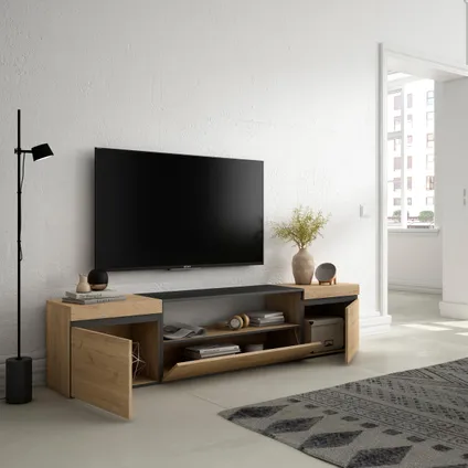 Skraut Home - TV-Meubel, Lowboard, 200x45x35cm, Voor tv's tot 80", Eiken/Zwart 4