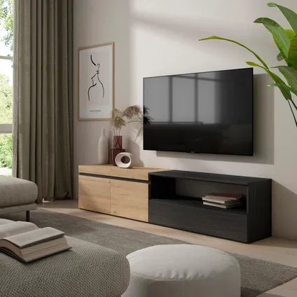 Skraut Home - TV-Meubel, Lowboard, 200x45x35cm, Voor tv's tot 80", Eiken/Zwart 2