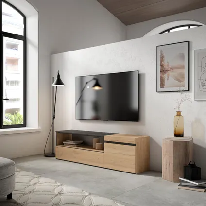 Skraut Home - TV-Meubel, Lowboard, 150x45x35cm, Voor tv's tot 65", Eiken/Zwart 2