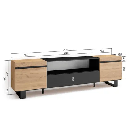 Skraut Home - TV-Meubel, Lowboard, 200x57x35cm, Voor tv's tot 80", Industrieel design 5