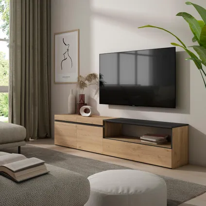 Skraut Home - TV-Meubel, Lowboard, 200x45x35cm, Voor tv's tot 80", Eiken/Zwart 2