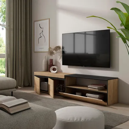 Skraut Home - TV-Meubel, Lowboard, 200x45x35cm, Voor tv's tot 80", Eiken/Zwart 4