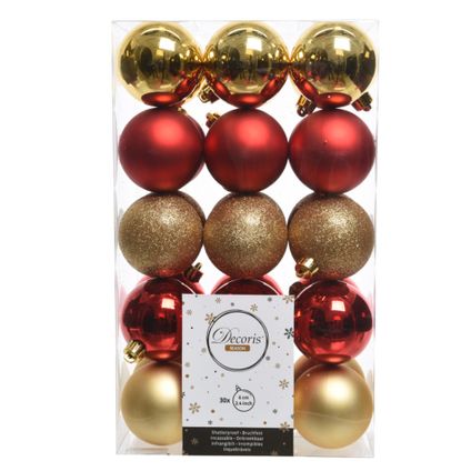 Decoris Kerstballen - 30ST - goud en rood - kunststof - 6 cm