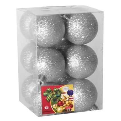 Gerimport Kerstballen - 12ST - zilver - kunststof - glitter - D6cm