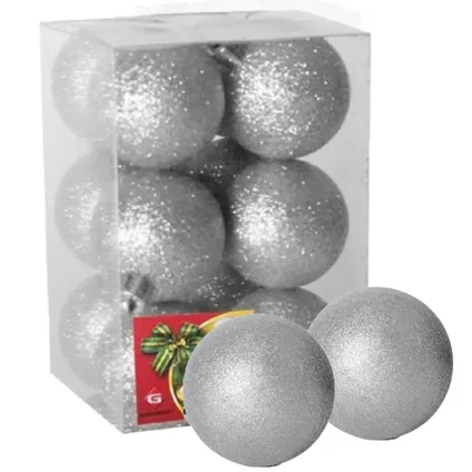 Gerimport Kerstballen - 12ST - zilver - kunststof - glitter - D6cm 2