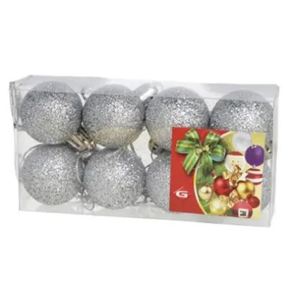 Gerimport Kerstballen - 8 stuks - zilver - kunststof - glitters - D3 cm