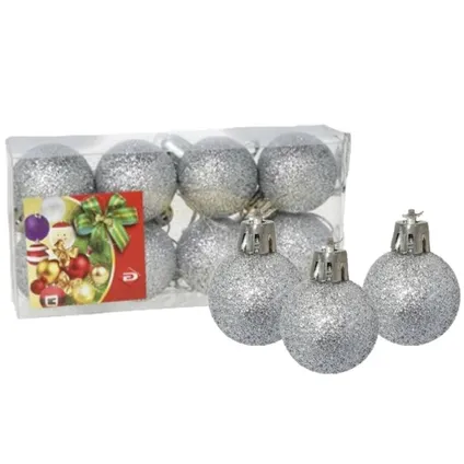 Gerimport Kerstballen - 8 stuks - zilver - kunststof - glitters - D3 cm 2