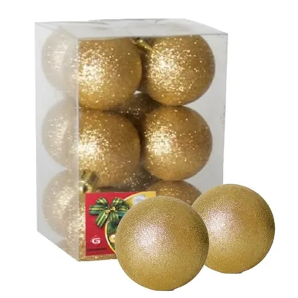 Gerimport Kerstballen - 12ST - goud - kunststof - glitter - D6cm 2