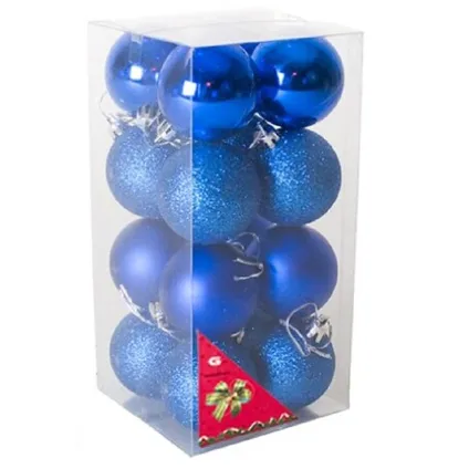 Gerimport Kerstballen - 16 stuks - blauw - kunststof - mat/glans/glitter - D5 cm 2