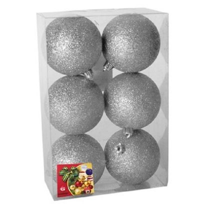 Gerimport Kerstballen - 6 stuks - zilver - kunststof - glitters - D4 cm