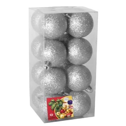 Gerimport Kerstballen - 16 stuks - zilver - kunststof - glitters - D5 cm