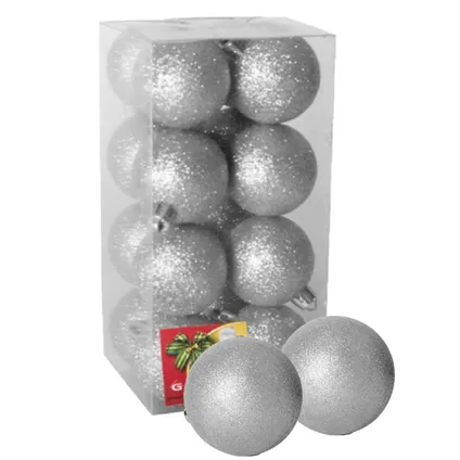 Gerimport Kerstballen - 16 stuks - zilver - kunststof - glitters - D5 cm 2