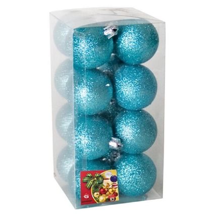 Gerimport Kerstballen - 16 stuks - ijsblauw - kunststof - glitters - D5 cm
