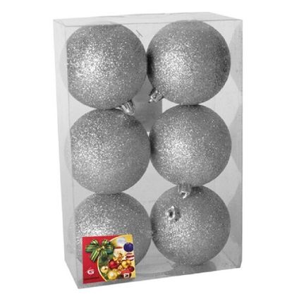 Gerimport Kerstballen - 6 stuks - zilver - kunststof - glitters - D8 cm