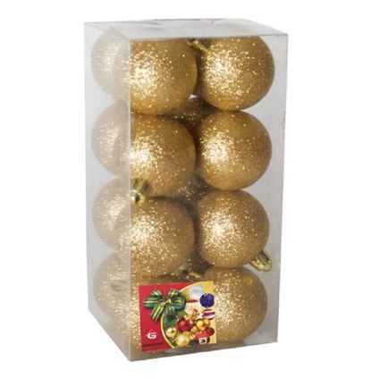 Gerimport Kerstballen - 16 stuks - goud - kunststof - glitters - D5 cm