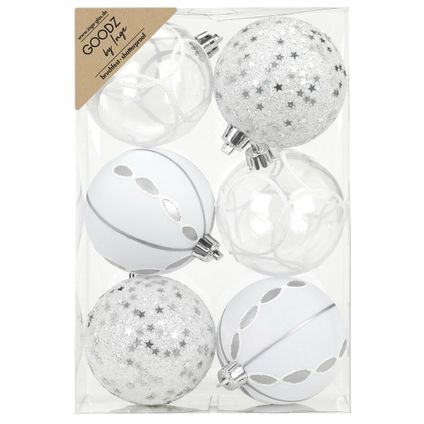 Inge Christmas Goodz kerstballen 6x - 8 cm -kunststof -zilver/wit