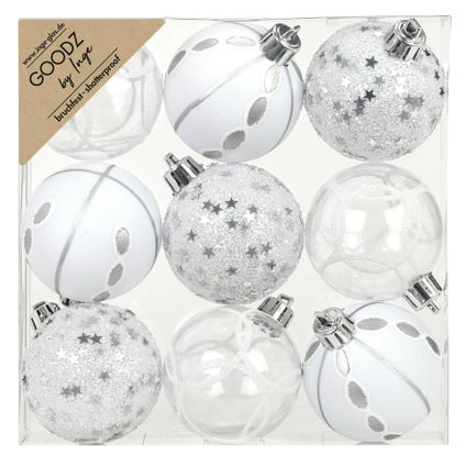 Inge Christmas Goodz kerstballen 9x - 6 cm -kunststof -zilver/wit
