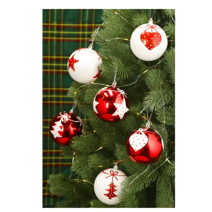 Cepewa Kerstballen - 6 stuks - gedecoreerd - rood - wit - kunststof - 6 cm 2