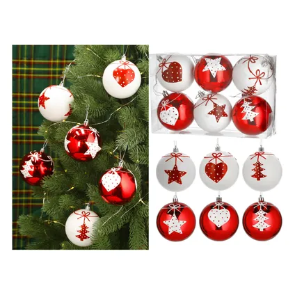 Cepewa Kerstballen - 6 stuks - gedecoreerd - rood - wit - kunststof - 6 cm 3