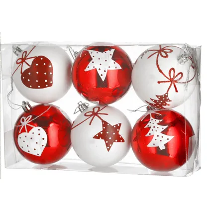 Cepewa Kerstballen - 6 stuks - gedecoreerd - rood - wit - kunststof - 6 cm 4