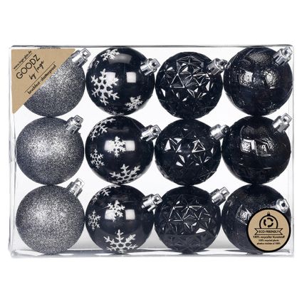 Inge Christmas kerstballen - 12x st - zwart - 6 cm - kunststof