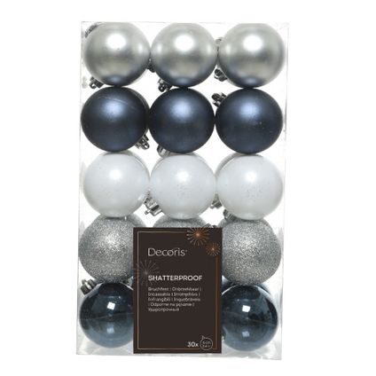 Decoris kerstballen - 30x -donkerblauw/wit/zilver 6cm -kunststof